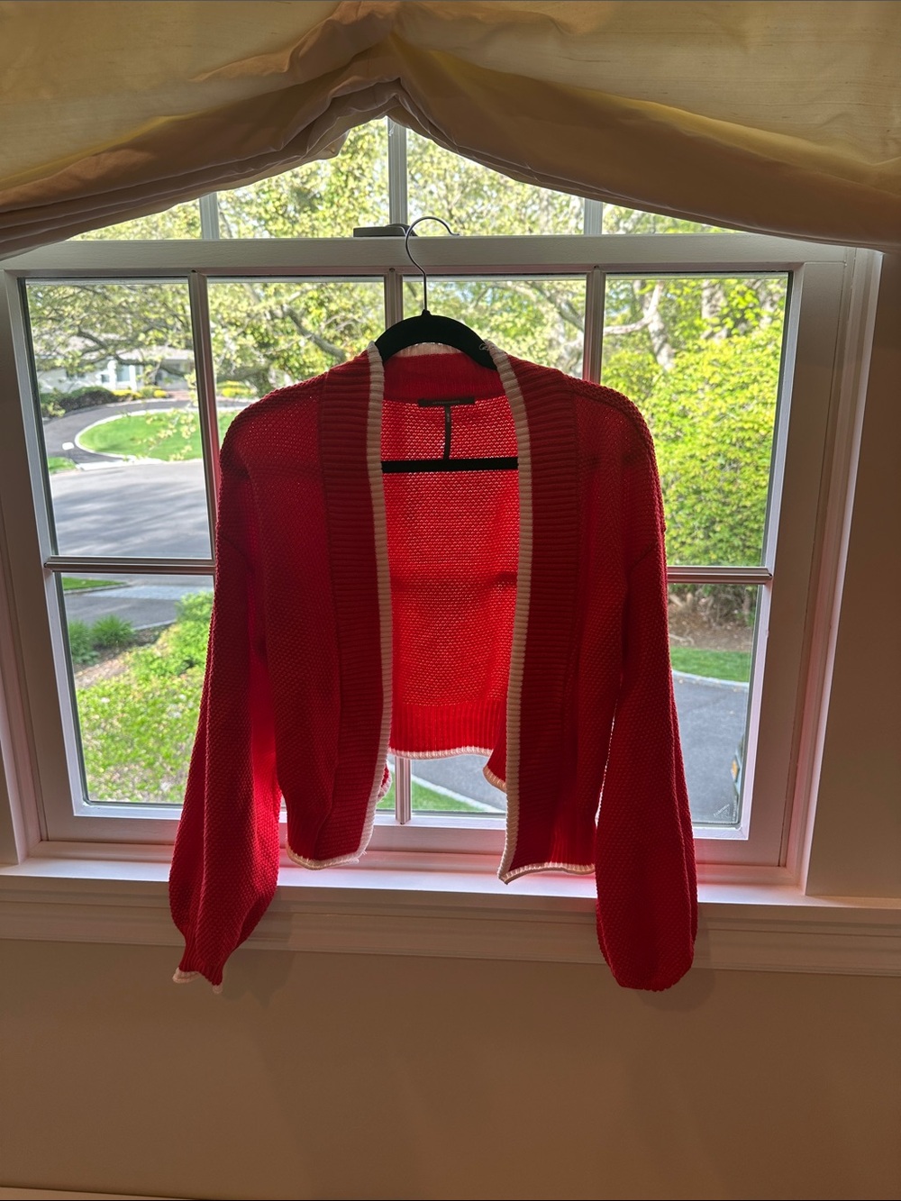 Anthropologie Red Open-Front Cropped Cardigan with Cream Trim